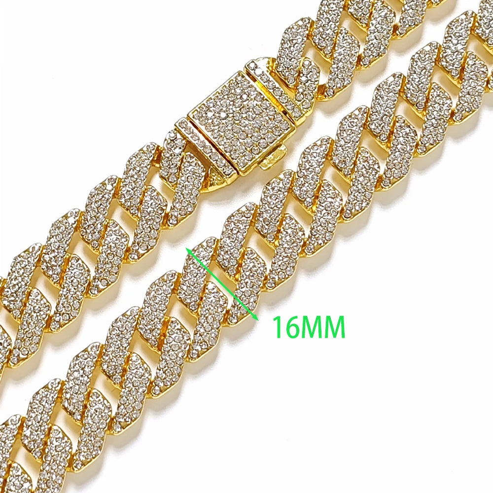 New 16MM Prong Cuban Link Chain Hip Hop Men 3Rows Rhinestone Necklace Iced Out Chain Women Paved Miami Polygon Cuban Necklaces