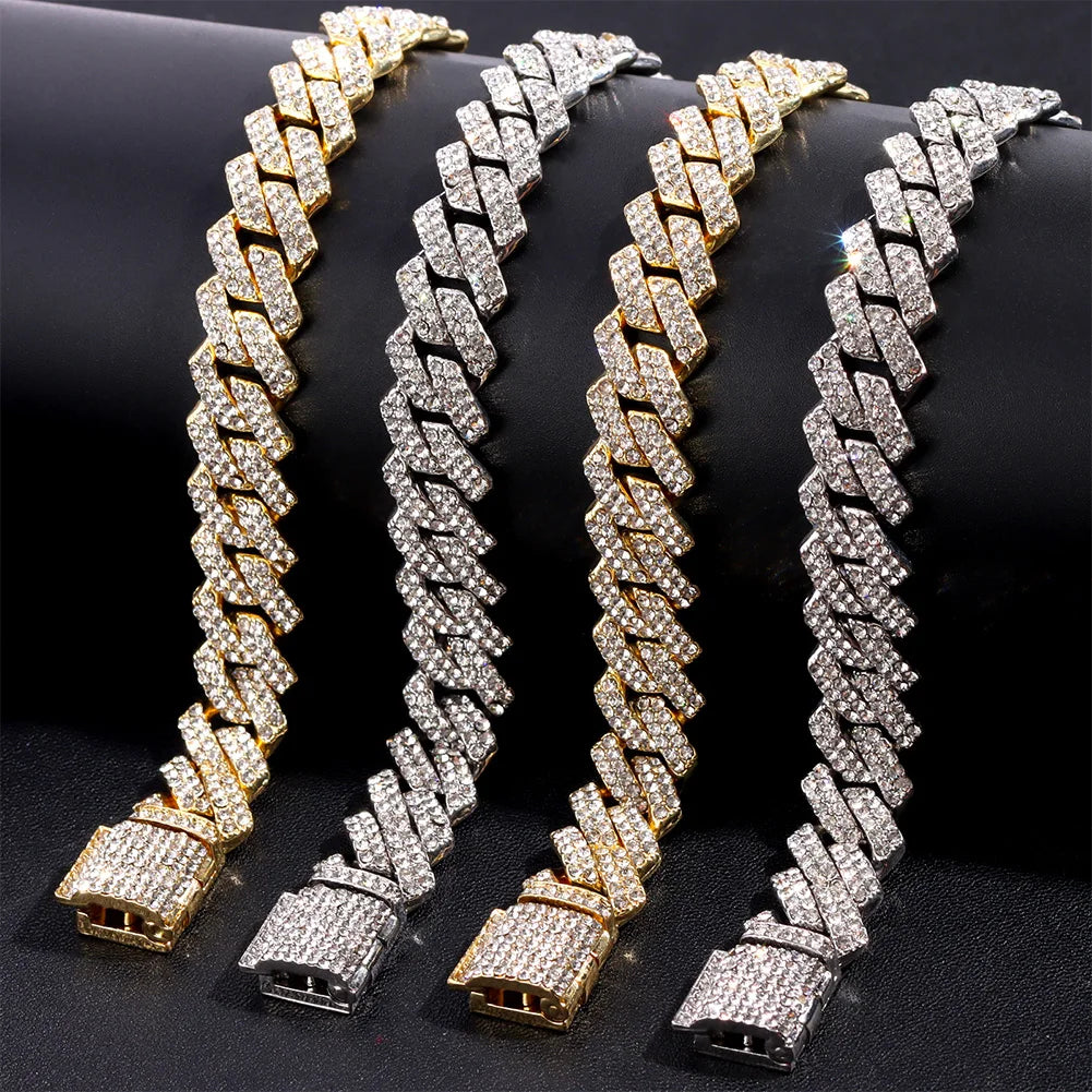Iced Out Bling AAA Rhinestones Prong Cuban Link Chain Men'S Necklace 2 Row Crystal Curb Cuban Chain Hip Hop Jewelry 13/14/20MM