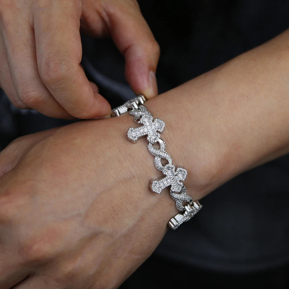 New Iced Out Cross Infinity Charm Bracelet Micro Paved Cubic Zirconia Cuban Chain for Women Men Hip Hop Rapper Jewelry