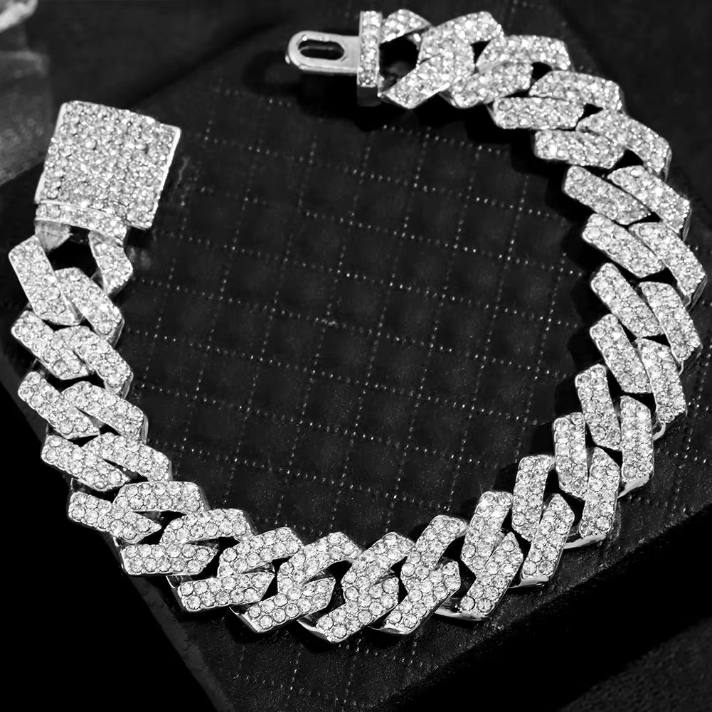 Women Hip Hop Iced Out Crystal Prong Cuban Chain Bracelets Woman Luxury Paved Rhinestone Link Chain Bracelet Punk Rapper Jewelry