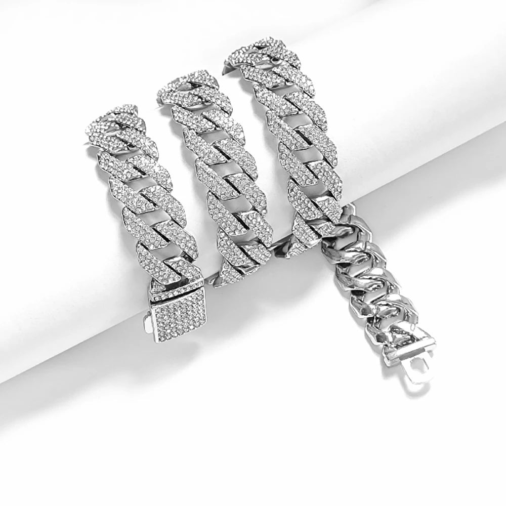 New 16MM Prong Cuban Link Chain Hip Hop Men 3Rows Rhinestone Necklace Iced Out Chain Women Paved Miami Polygon Cuban Necklaces