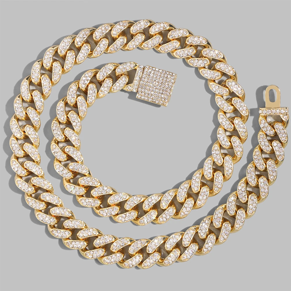 Iced Out Bling AAA Rhinestones Prong Cuban Link Chain Men'S Necklace 2 Row Crystal Curb Cuban Chain Hip Hop Jewelry 13/14/20MM