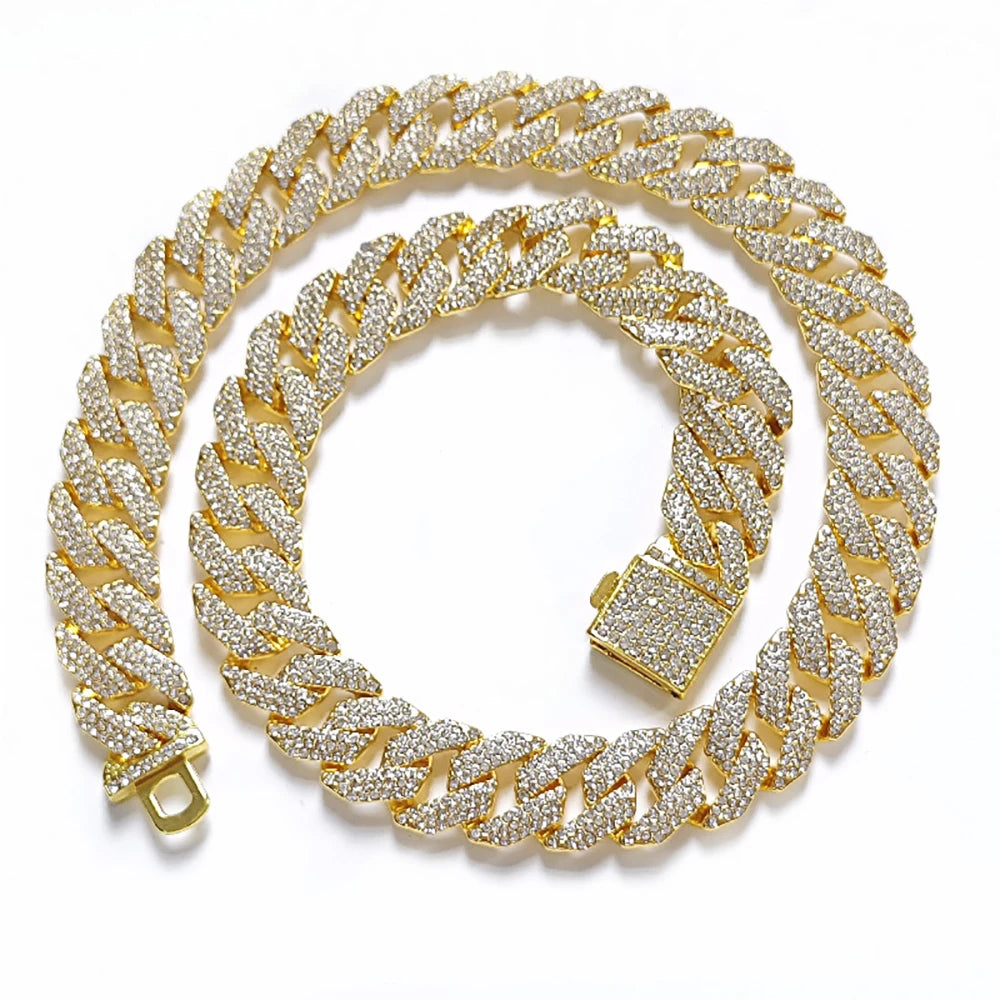 New 16MM Prong Cuban Link Chain Hip Hop Men 3Rows Rhinestone Necklace Iced Out Chain Women Paved Miami Polygon Cuban Necklaces