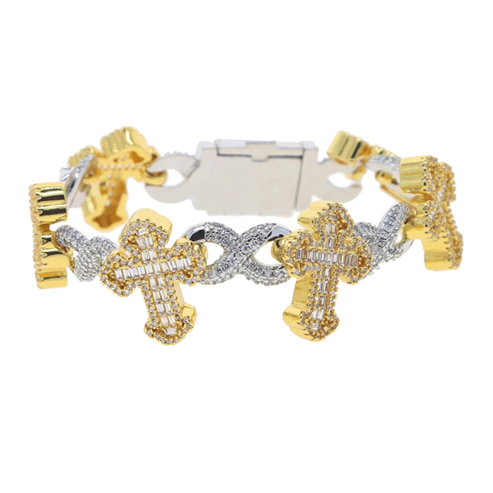 New Iced Out Cross Infinity Charm Bracelet Micro Paved Cubic Zirconia Cuban Chain for Women Men Hip Hop Rapper Jewelry