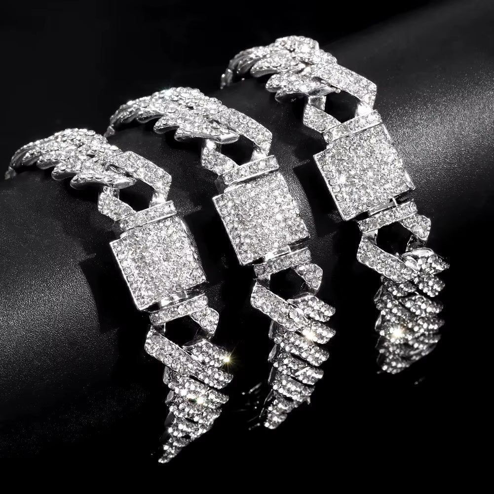 Women Hip Hop Iced Out Crystal Prong Cuban Chain Bracelets Woman Luxury Paved Rhinestone Link Chain Bracelet Punk Rapper Jewelry