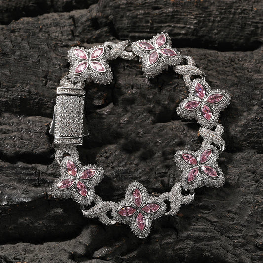 Iced Out Floral Colored Bracelet for Women 19MM Width Pink Zirconia Clover Infinity Link Chain Lovely Jewelry