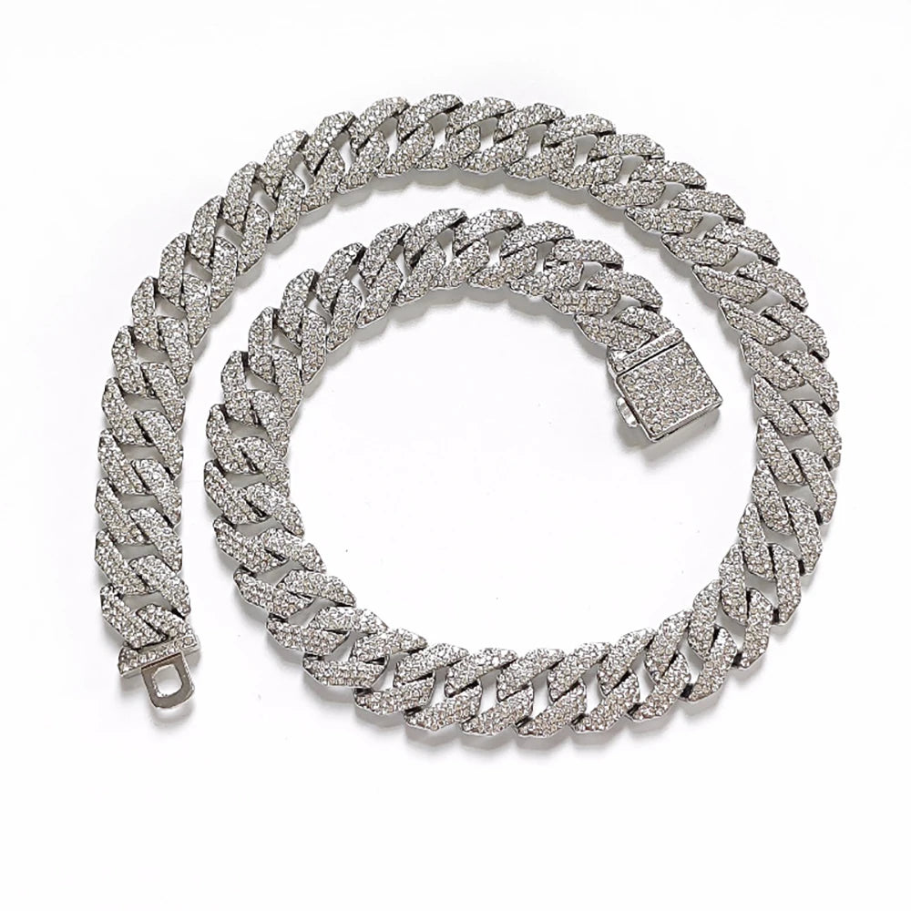 New 16MM Prong Cuban Link Chain Hip Hop Men 3Rows Rhinestone Necklace Iced Out Chain Women Paved Miami Polygon Cuban Necklaces